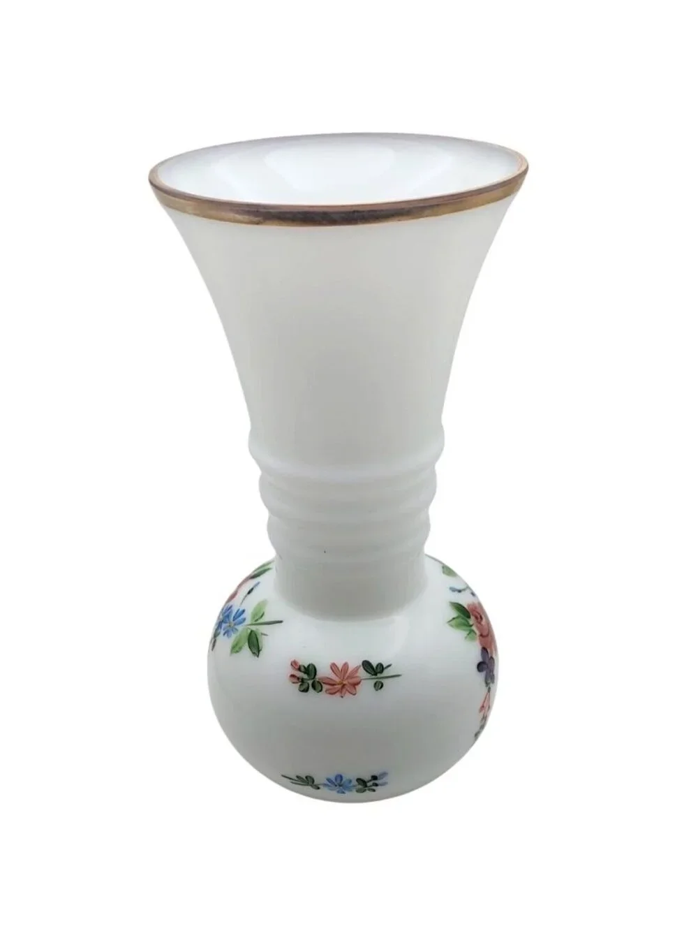 Vintage Hand Painted Floral Milk Glass Ball Vase Gold Trim Ribbed Neck Cottage - Picture 5 of 7